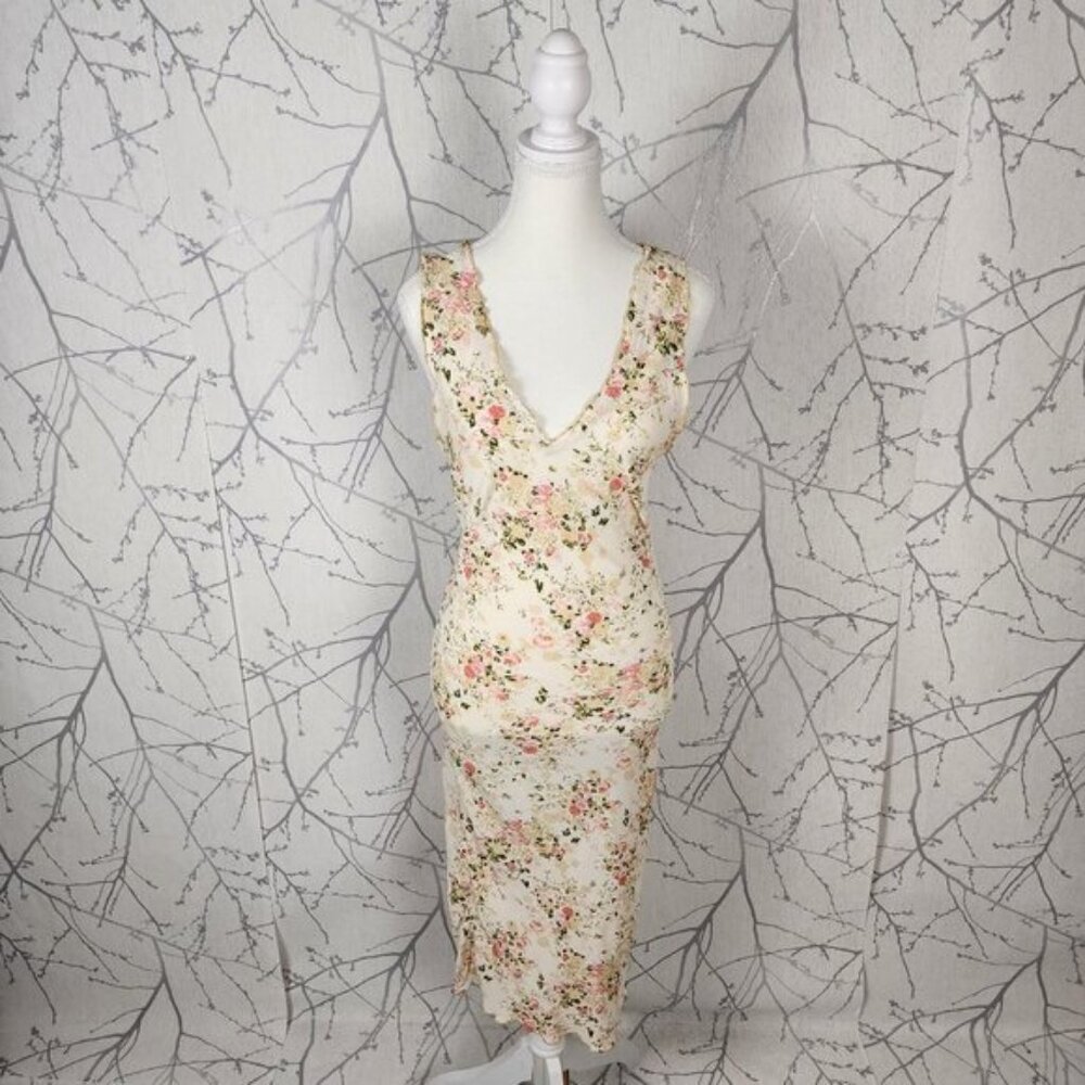 Uncivilized Ivory Floral Print V-Neck Y2K Asymmetrical Flowy Midi Dress